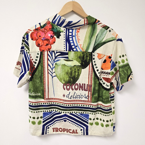 Rachel Zoe Shirt Small Tropical Floral Coconuts Button Front Crop Linen Blend - Picture 3 of 9